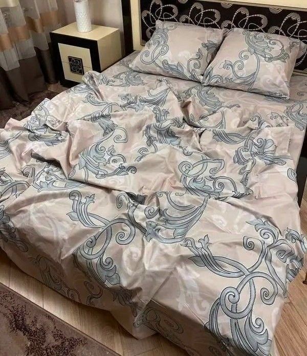 Односпальний комплект з простирадлом на резинці 80х190х20, принт: Завиток на бежевому