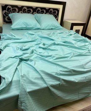 Двоспальний комплект з страйп-сатину м'ятного кольору з простирадлом на резинці 140х200х20