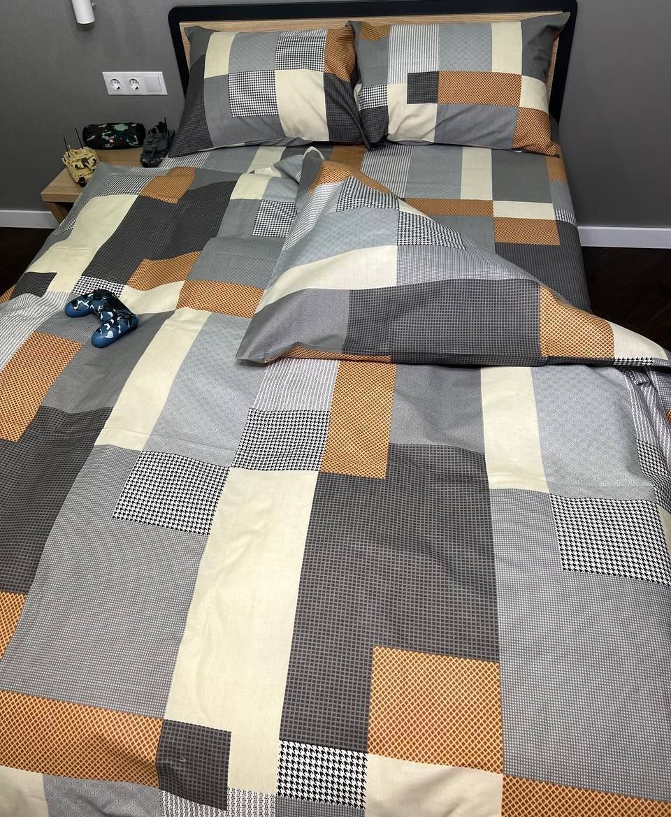 Євро комплект з простирадлом на резинці 140х200х20, принт: Печворк сірий